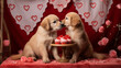 © Tan Säälik - two puppies in a valentine's day theme setup sitting and one kissing the other, red and pink cupcakes on the table