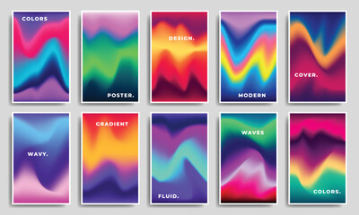 Poster - Colorful fluid and liquid gradient mesh background set. Multicolored blurred color gradation backdrop. Wavy and vibrant modern background for poster, banner, catalog, or leaflet.