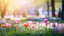 Blurred Background With Spring Park And Flowers