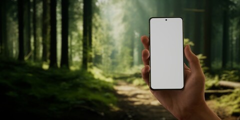 cu man using his phone outdoors in the forest during hiking or camping trip