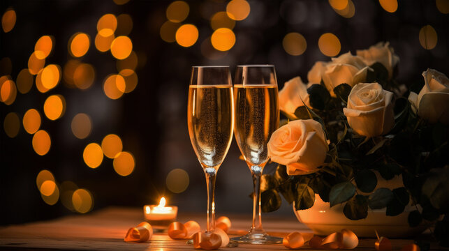 Valentine's Day, valentines day, wedding, love, celebration, full champagner glasses with roses and candle on wooden ground, golden bokeh on dark background, greeting card