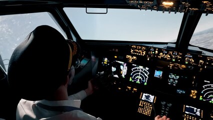 Wall Mural - close-up Pilot in the cockpit of an airplane holding a rotary steering wheel during a flight Air travel concept