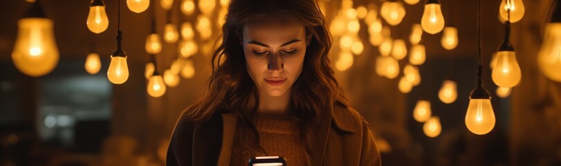 one woman watching her mobile with a pair of light bulbs