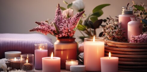 Wall Mural - small pink candle and various scented products