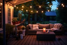 Cozy Warm Evening After Work On Your Outside Terrace Overlooking The Garden, Terrace With A Comfortable Sofa And Lights And Table Lamps