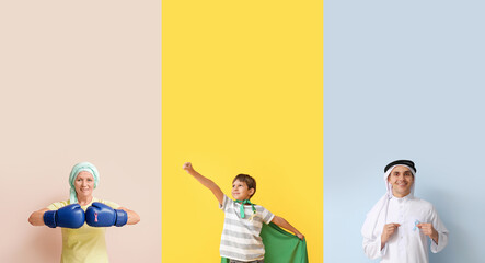 Poster - Group of different people with awareness ribbons on color background. Cancer concept