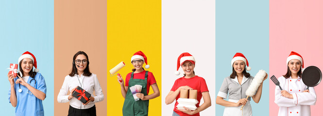 Sticker - Collection of young woman in uniforms of different professions on color background