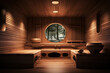 Modern wooden sauna interior, Finnish design of bathroom for hot treatments. Steam spa room in hotel or home in summer. Theme of Russian or Scandinavian house, wood, travel to Finland