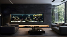 Modern Home Interior Design, Luxury Aquarium Inside Villa Or Mansion. Dark Contemporary Living Room Of House In Forest. Concept Of Minimalist Eco Style, Nature