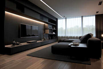 Wall Mural - Modern home interior, black and dark brown design of living room, minimalist style. Inside luxury elegant apartment with TV, led light and couch. Concept of contemporary house