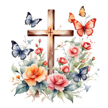 Watercolor Christian Cross In Flowers On White Background