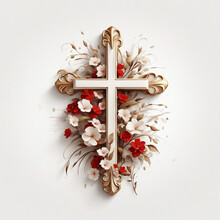 Watercolor Christian Cross In Flowers On White Background
