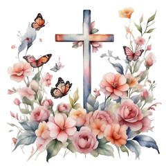 Sticker - watercolor christian cross in flowers on white background