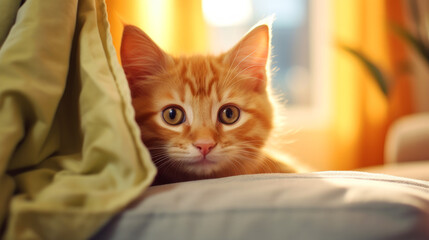Naklejka na meble Orange Tabby Cat Looking Curious With Green Blanket Sitting On A Tan Couch