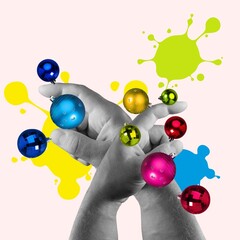 Poster - Party time. hands holding colored christmas balls