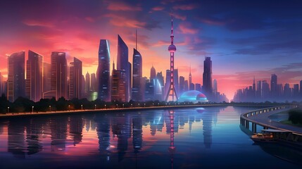 Wall Mural - Futuristic Cityscape with Neon Lights, Skyline, Dusk, Skyscrapers, Reflection