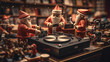 Miniature cheerful Santa Clauses stand around a vinyl record player against a blurred background of a music store festively decorated for the New Year. Christmas atmosphere