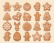 Flat Vector Gingerbread Set. Christmas Icons. Gingerbread Design Template, Holiday Winter Symbol. New Year Cookies, Sweets Concept. Vector illustration