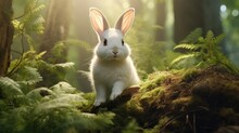 White Bunny Sits Amidst Lush Greenery, Bathed In Soft Sunlight. Perfect For Children's Books Or Educational Materials.