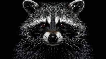 Close-up of raccoon s face, showing detailed fur texture and intense eyes, isolated on black background. Ideal for wildlife and nature themes, educational content, environmental awareness campaigns.