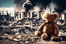 Kids Teddy Bear Toy Over City Burned Destruction Of An Aftermath War Conflict, Earthquake Or Fire And Smoke Of World War Against Children Peace Innocence As Copyspace Banner