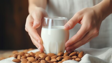 hands holding a glass of almond milk with almonds around