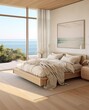 Modern interior design decoration of a bedroom with a beach view queen-sized bed neutral colored sheets and nightstand with rustic and cozy vibes, and painting on the wall.