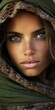 Portrait of beautiful woman with green eyes and brown scarf. 
