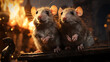 two city rats against the backdrop of a burning fire. fictional plot. 