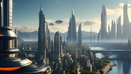 Wall Mural - Futuristic technological dystopian city cinematic wallpaper