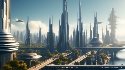 Wall Mural - Futuristic technological dystopian city cinematic wallpaper