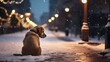  Sad dog with light brown fur sitting alone on a snow-covered festive decorated street at night. Homeless animal, sadness, betrayal, hunger, depression. Gold retriever.
