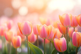 Fototapeta Tulipany - beautiful spring background field of blooming tulips in light pink color
