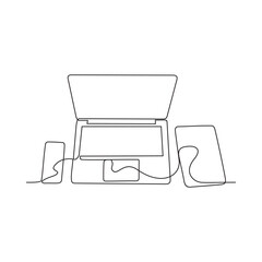 One continuous line drawing of various kinds of devices for work purposes that are on the tables vector illustration. Design with Minimalist black linear. Technology themes for your business assets.