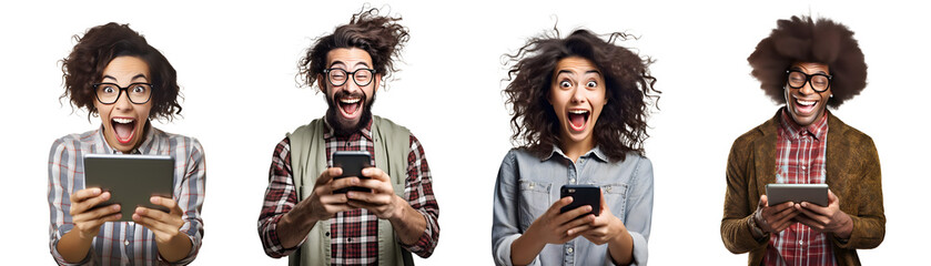 Set of Portrait of young woman and man attractive cheerful amazed using smart phone surprise, isolated on white background, png