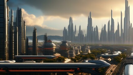 Wall Mural - Futuristic technological dystopian city cinematic wallpaper