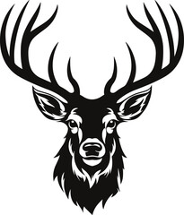 Wall Mural - Deer head with big horns black and white, monochrome vector illustration isolated on white background, buck, reindeer, antler, elk, stag logotype for  your Hunting Logo, Decal & Sticker, tattoo design