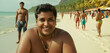 happy smiling adult indian or arab transgender diverse man or woman with make-up ,slightly overweight, wears bikini, tropical sandy beach with mass tourism, fictional location