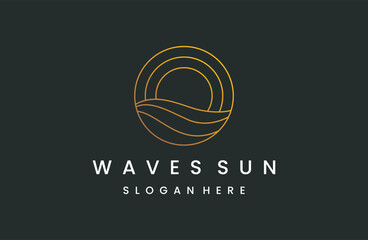 Wall Mural - Ocean water wave and sun in a circle with a gold line art style .