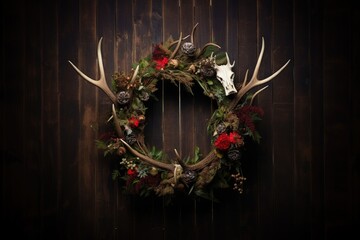 Wreath with fir tree branches, flowers and antler hanging on wooden wall. Outdoor decorations. Pagan Christmas, New Year, Yule. Ethnic decor. Mystical design for Halloween card, poster, banner