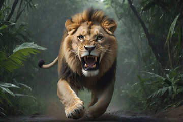 Wall Mural - lion's attack, realistic images of wild animal attacks