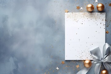 Poster - Christmas blank paper card decorated with stars, snowflakes, glitter and confetti on blue background. Greeting card, invitation or letter to Santa Claus template. Flat lay, top view, copy space