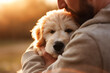 Start the day with a heartwarming scene of a pet owner and their furry friend. Capture a close-up of the owner's hands affectionately petting their dog in the morning light.