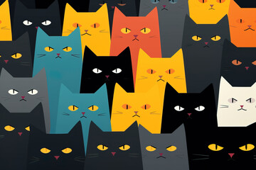 Wall Mural - Cartoonish image of a group of different colors of angry cats. Seamless patterns wallpaper background