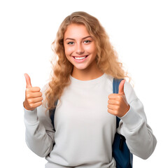 Wall Mural - Caucasian teenage female student doing thumbs up at camera. White transparent background