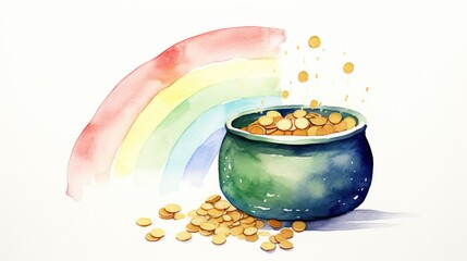 Wall Mural - Minimalist watercolor rainbow leading to a pot of gold at the end