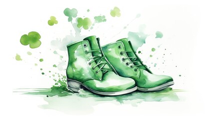 Wall Mural - Playful watercolor scene of dancing Irish shoes on a St Patrick's Day background