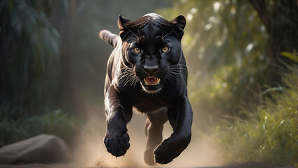 Wall Mural - black panther's attack, realistic images of wild animal attacks