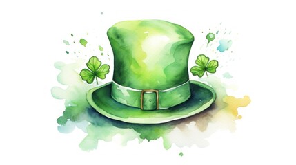 Wall Mural - Watercolor leprechaun's hat with a lucky clover. St. Patrick's Day illustration background. Card.