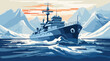 vector scene depicting a naval vessel at sea. a ship cutting through the waves, takes center stage against a serene ocean background.